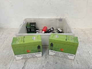 QTY OF ASSORTED VAPE ITEMS TO INCLUDE 2 X BOXES OF ELUX LEMON AND LIME 10MG VAPE REFILLS BB: 05/27 (SEALED), PLEASE NOTE: 18+YEARS ONLY. ID MAY BE REQUIRED): LOCATION - E14