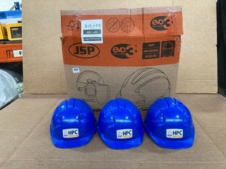 BOX OF LABELLED PROTECTIVE HARD HATS IN BRIGHT BLUE: LOCATION - E11