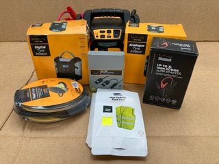 QTY OF ASSORTED VEHICLE ITEMS TO INCLUDE 2 X DIGITAL AND ANALOGUE TYRE INFLATORS , HIGH POWER JUMP STARTER: LOCATION - E10