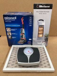 4 X ASSORTED HOUSE HOLD ITEMS TO INCLUDE BISSELL POWER CLEAN CARPET WASHER , BELACO HALOGEN HEATER MODEL: BHH26: LOCATION - E9