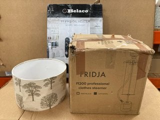 3 X ASSORTED HOUSE HOLD ITEMS TO INCLUDE BELACO 11 FINS OIL HEATER MODEL: OH 221 , TREE PRINT FABRIC LAMP SHADE IN CREAM: LOCATION - E9