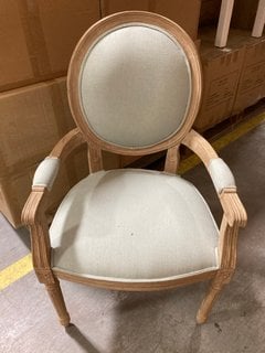 VINTAGE STYLE OVAL BACK DINING ARMCHAIR IN CARVED STYLE NATURAL WOOD FRAME AND LIGHT PASTEL GREEN FABRIC: LOCATION - B2