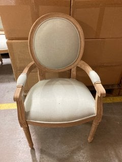 VINTAGE STYLE OVAL BACK DINING ARMCHAIR IN CARVED STYLE NATURAL WOOD FRAME AND LIGHT PASTEL GREEN FABRIC: LOCATION - B2