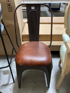 CONTEMPORARY STYLE METAL FRAME DINING CHAIR IN DARK BROWN METAL AND VINTAGE BROWN LEATHER SEAT PAD: LOCATION - B2