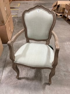 VINTAGE STYLE OVAL BACK DINING ARMCHAIR IN GREY WASHED CARVED STYLE WOODEN FRAME WITH LIGHT MINT GREEN FABRIC: LOCATION - B2