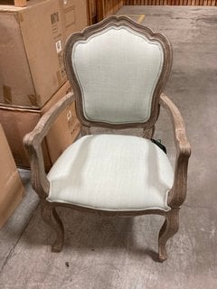 VINTAGE STYLE OVAL BACK DINING ARMCHAIR IN GREY WASHED CARVED STYLE WOODEN FRAME WITH LIGHT MINT GREEN FABRIC: LOCATION - B2