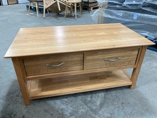 FORTUNE WOODS 2 DRAWER RECTANGULAR STORAGE COFFEE TABLE IN NATURAL OAK WITH NICKEL DRAWER HANDLES: LOCATION - B3