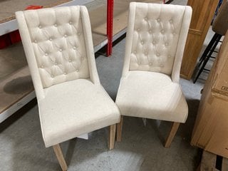 PAIR OF PADSTOW UPHOLSTERED BUTTON BACK STYLE DINING CHAIRS IN OATMEAL FABRIC AND NATURAL WOOD LEGS: LOCATION - B3