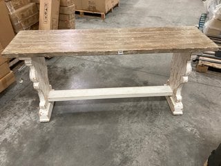 RUSTIC STYLE LARGE CONSOLE TABLE IN ORNATE CARVED WOOD STYLE BASE AND WEATHERED WOOD TOP: LOCATION - B3