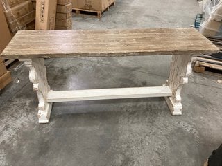 RUSTIC STYLE LARGE CONSOLE TABLE IN ORNATE CARVED WOOD STYLE BASE AND WEATHERED WOOD TOP: LOCATION - B3