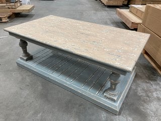 TRADITIONAL RUSTIC PLINTH STYLE RECTANGULAR COFFEE TABLE IN WEATHERED GREY PAINTED FINISH: LOCATION - B3