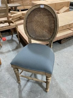 VINTAGE STYLE OVAL BACK DINING CHAIR IN NATURAL AGED CARVED STYLE WOOD FRAME WITH CANE BACK AND STONE GREY FABRIC SEAT PAD: LOCATION - B3