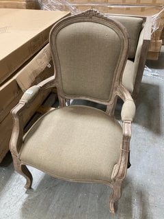 VINTAGE STYLE OVAL BACK DINING ARMCHAIR IN GREY WASHED CARVED STYLE WOODEN FRAME WITH AGED SAGE FABRIC: LOCATION - B3