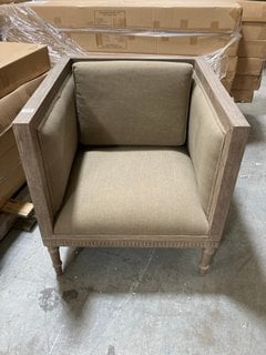 CONTEMPORARY STYLE SQUARE TUB ARMCHAIR IN GREY WASHED CARVED STYLE WOOD FRAME AND AGED SAGE FABRIC FINISH: LOCATION - B3