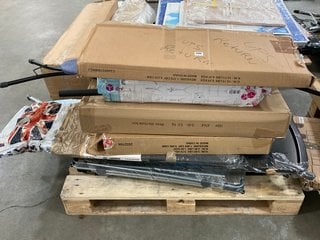 PALLET OF ASSORTED HOME ITEMS TO INCLUDE ASSORTED IRONING BOARDS AND HEAVY DUTY CLOTHES GARMENT RAIL: LOCATION - A6 (KERBSIDE PALLET DELIVERY)