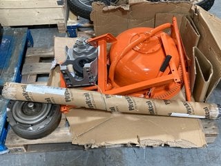 QTY OF ASSORTED ITEMS TO INCLUDE LARGE CEMENT MIXER DRUM COMPONENT IN ORNAGE FINISH: LOCATION - A6 (KERBSIDE PALLET DELIVERY)