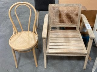 2 X ASSORTED CHAIRS TO INCLUDE NKUKU ARTI MANGO WOOD AND CANE OCCASIONAL CHAIR (MISSING A LEG): LOCATION - A2