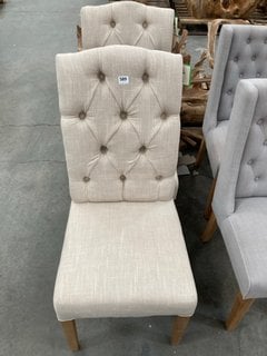 PAIR OF CONTEMPORARY STYLE BUTTON BACK DINING CHAIRS IN NATURAL FABRIC WITH NATURAL OAK LEGS: LOCATION - A5