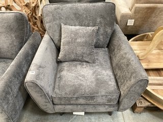 CONTEMPORARY STYLE ARMCHAIR IN SLATE GREY FABRIC AND DARK WOOD LEGS: LOCATION - A5