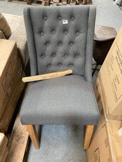 CONTEMPORARY STYLE BUTTON WING DINING CHAIR IN CHARCOAL GREY FABRIC AND OAK LEGS: LOCATION - A5