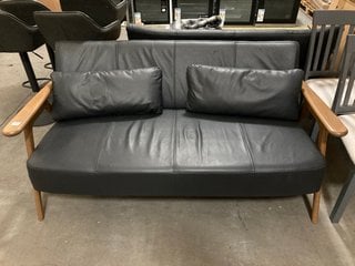 JOHN LEWIS & PARTNERS HENDRICKS 2 SEATER CONTEMPORARY STYLE SOFA IN BLACK LEATHER AND WALNUT FINISH - RRP £798: LOCATION - B7