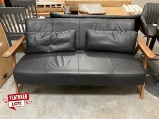 JOHN LEWIS & PARTNERS HENDRICKS 2 SEATER CONTEMPORARY STYLE SOFA IN BLACK LEATHER AND WALNUT FINISH - RRP £798: LOCATION - B7