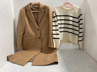 JOHN LEWIS & PARTNERS STRIPE RAGLAN CREW NECK JUMPER IN CREAM/BLACK - UK 16 - RRP £110.00 TO ALSO INCLUDE JOHN LEWIS & PARTNERS SB CROMBIE LONGLINE COAT IN CAMEL - UK 14 - RRP £119.00: LOCATION - BR1