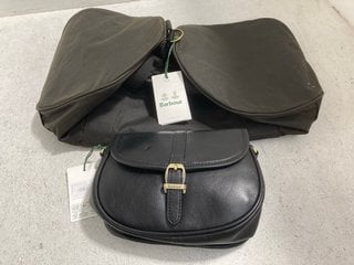 BARBOUR LAIRE MEDIUM LEATHER SADDLE BAG IN BLACK - RRP £129.99 TO ALSO INCLUDE BARBOUR EXPLORER WAX DUFFLE HOLDALL IN OLIVE - RRP £150.00: LOCATION - BR15