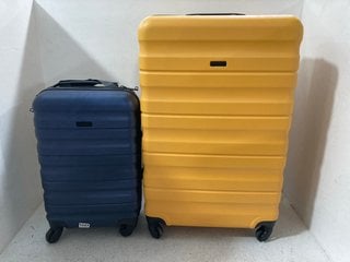 2 X JOHN LEWIS & PARTNERS CABIN SIZE/MEDIUM HARD SHELL WHEELED COMBINATION LOCK SUITCASES IN NAVY/YELLOW: LOCATION - BR15