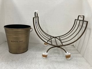 IRON & CLAY LINEAR LOG BASKET IN BRASS TO INCLUDE IRON & CLAY BRASS KINDLING BUCKET: LOCATION - BT6