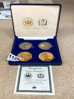 A FOUR COIN SET, 2 X 1977 SILVER PLATED JUBILEE COINS AND 2 X 22 CARAT GOLD PLATED GOLDEN JUBILEE COINS, CASED WITH CERTIFICATE FROM THE TOWER MINT: LOCATION - CR