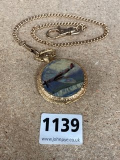 A FULL HUNTER POCKET WATCH AND CHAIN FEATURING A SPITFIRE: LOCATION - CR