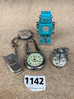 4 X PENDANT WATCHES AND A SMALL ROBOT CLOCK: LOCATION - CR