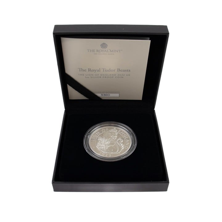 The Royal Mint The Royal Tudor Beasts The Lion of England 2022 UK 1oz Silver Proof Coin, comes with presentation box, booklet and out box. (VAT Only Payable on Buyers Premium)