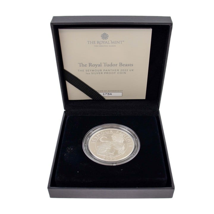 The Royal Mint The Royal Tudor Beasts The Seymour Panther 2022 UK 1oz Silver Proof Coin, comes with presentation box, booklet and out box. (VAT Only Payable on Buyers Premium)