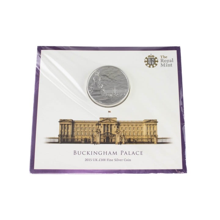 The Royal Mint Buckingham Palace 2015 UK £100 Fine Silver Coin, comes in a presentation folder. (VAT Only Payable on Buyers Premium)