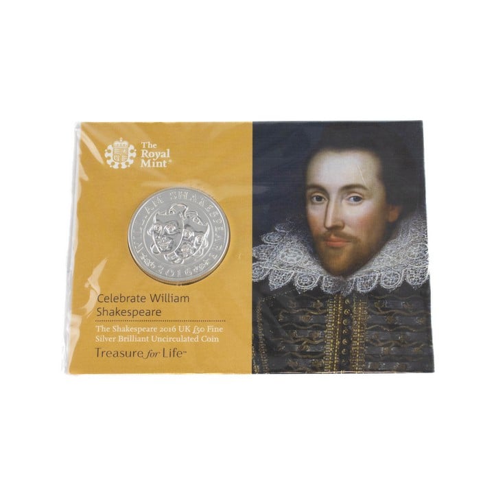 The Royal Mint The Shakespeare 2016 UK £50 Fine Silver Brilliant Uncirculated Coin, comes with presentation folder. (VAT Only Payable on Buyers Premium)