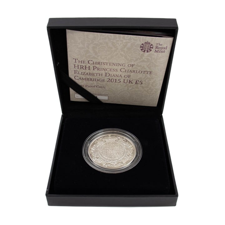 The Royal Mint The Christening of HRH Princess Charlotte Elizabeth Diana of Cambridge UK £5 Silver Proof Coin, comes with presentation box, certificate and outer box. (VAT Only Payable on Buyers Prem