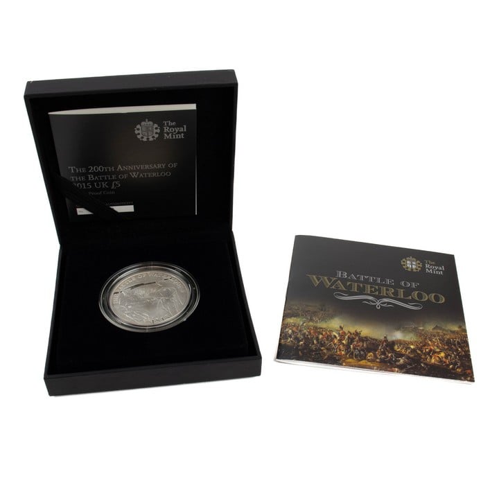 The Royal Mint 200th Anniversary of the Battle of Waterloo 2015 UK £5 Silver Proof Coin, comes with presentation box, booklet and outer box. (VAT Only Payable on Buyers Premium)