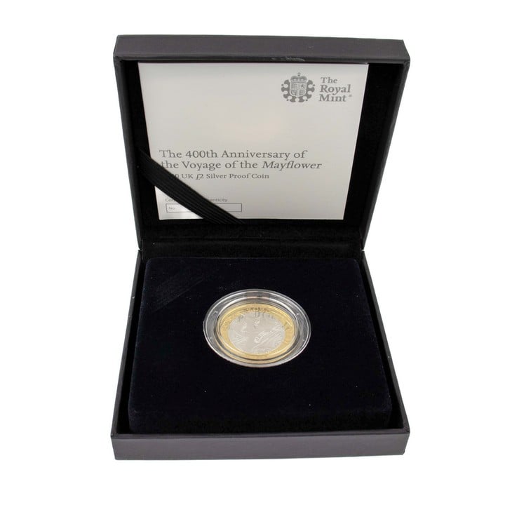 The Royal Mint The 400th Anniversary of the Voyage of the Mayflower 2020 UK £2 Silver Proof Coin, comes with presentation box, booklet and out box. (VAT Only Payable on Buyers Premium)