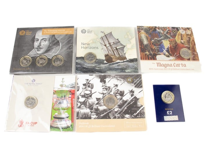 Selection of six £2 coins, including Shakespeare 2016 Three- Coin Brilliant Uncirculated Set, New Horizons 2020, FA Cup 150 Years 2022, The Magna Carta 8th Anniversary 2015, 100th Anniversary of the