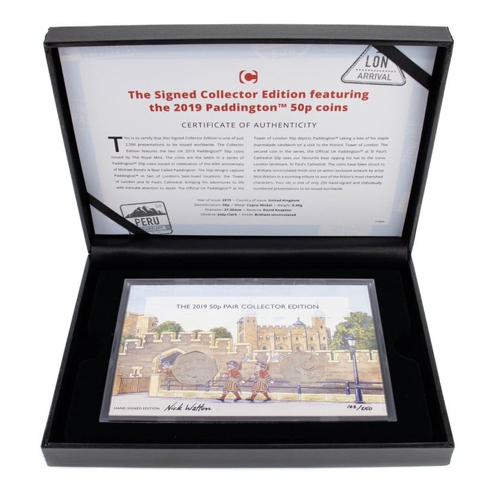 The Royal Mint 'The Signed Collector Edition Featuring the 2019 Paddington Fifty Pence Coins', consisting of two 50p coins, comes with presentation box, outer sleeve and certificate. (VAT Only Payabl