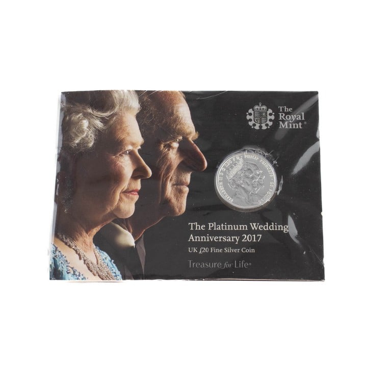 The Royal Mint The Platinum Wedding Anniversary 2017 UK £20 Fine Silver Coin, comes with presentation folder. (VAT Only Payable on Buyers Premium)