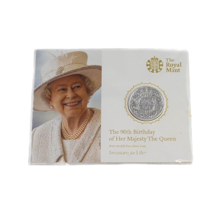 The Royal Mint The 90th Birthday of Her Majesty The Queen 2016 UK £20 Fine Silver Coin, comes with presentation folder. (VAT Only Payable on Buyers Premium)