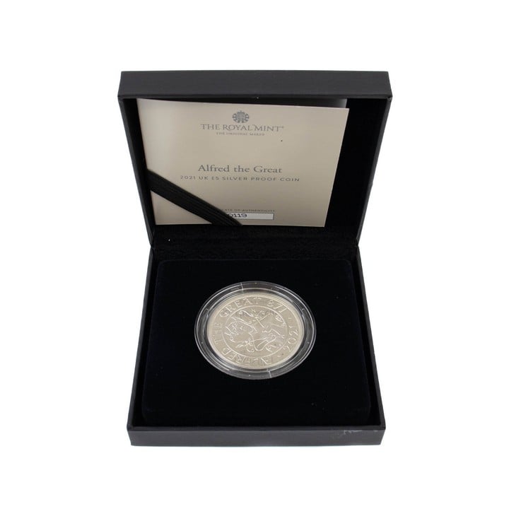 The Royal Mint Alfred the Great 2021 UK £5 Silver Proof Coin, comes with presentation box, booklet and outer box. (VAT Only Payable on Buyers Premium)