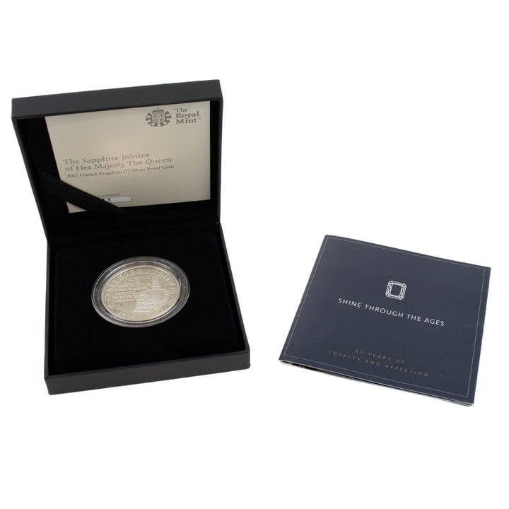 The Royal Mint The Sapphire Jubilee of Her Majesty the Queen 2017 UK £5 Silver Proof Coin, comes with presentation box, booklet and outer box. (VAT Only Payable on Buyers Premium)