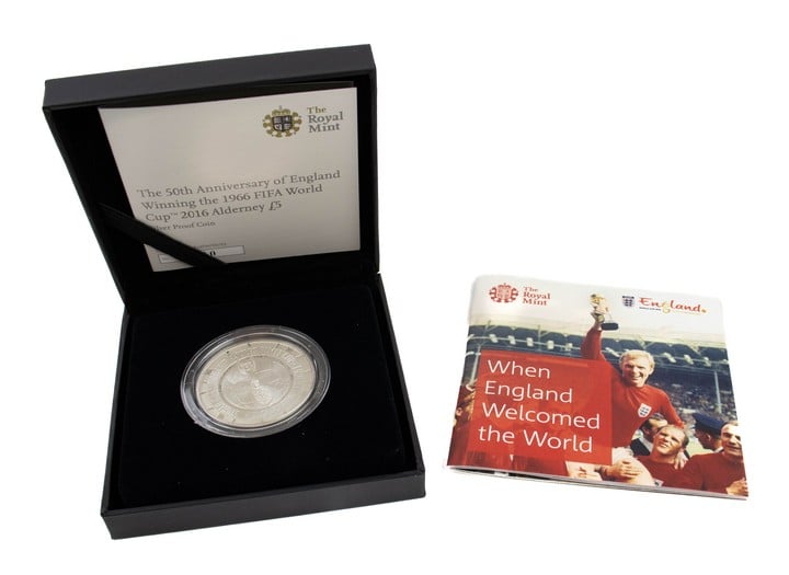 The Royal Mint The 50th Anniversary of England Winning the 1966 FIFA World Cup, 2016 Alderney £5 Silver Proof Coin, comes with presentation box, booklet and outer box. (VAT Only Payable on Buyers Pre