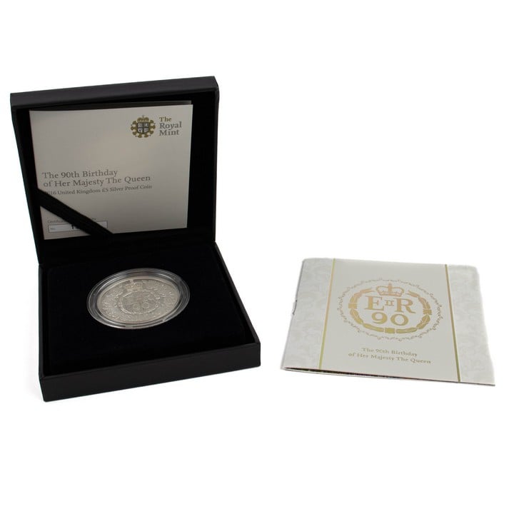 The Royal Mint The 90th Birthday of Her Majesty The Queen 2016 UK £5 Fine Silver Coin, comes with presentation box, booklet and outer box. (VAT Only Payable on Buyers Premium)