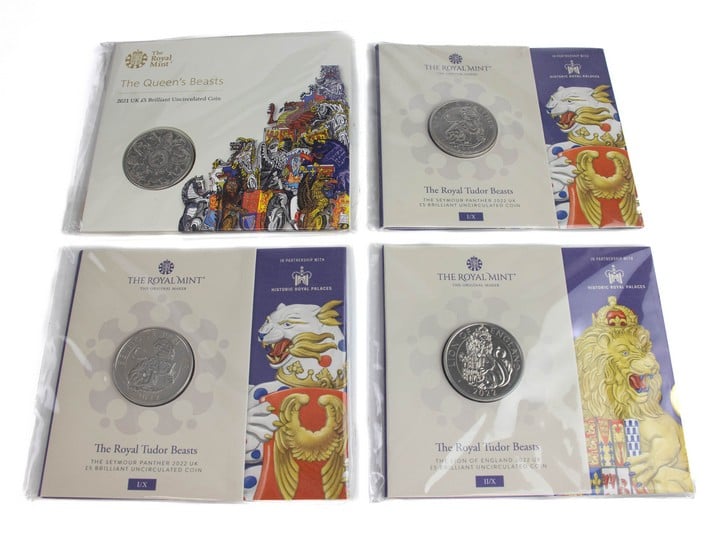 Selection of four 2021-2022 of The Royal Tudor Beasts UK £5 Brilliant Uncirculated Coins, all come with presentation booklets. (VAT Only Payable on Buyers Premium)