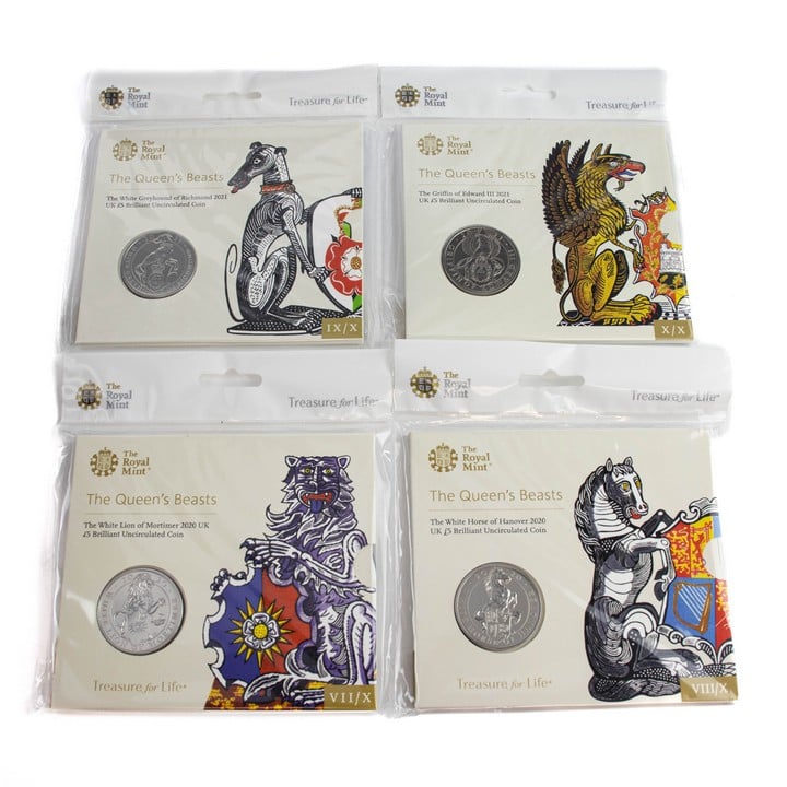 Selection of four 2020-2021 of The Royal Tudor Beasts UK £5 Brilliant Uncirculated Coins, all come with presentation booklets. (VAT Only Payable on Buyers Premium)